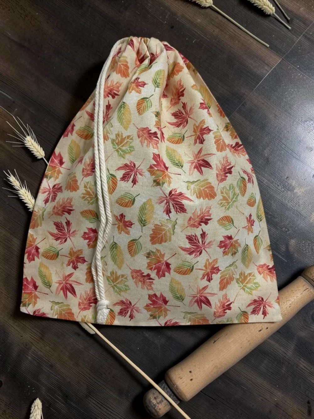 Fall Leaves Cotton Bread Bag with Matching Mason Jar Bonnet & Tea Towel